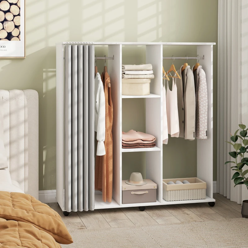 HOMCOM Armoire penderie Meuble de Rangement Mobile 6 roulettes 120L x 40l x 128H cm en bois blanc