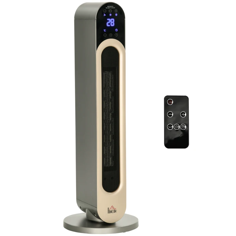 HOMCOM Calefactor Cerámico de Torre 1100/2200W con Mando Pantalla LED Temporizador y Oscilación Ø25x73,5 cm Plata