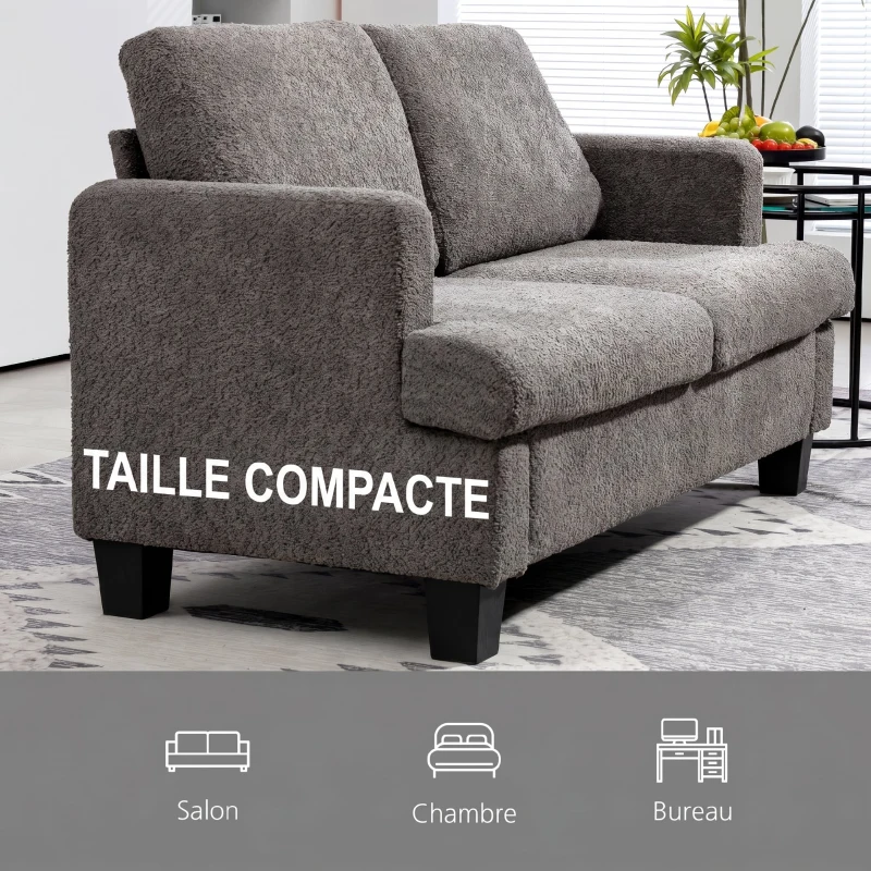 HOMCOM Canapé 2 places 120 cm avec coussins de dossier amovibles, tissu chenille pour salon, chambre, bureau, gris foncé