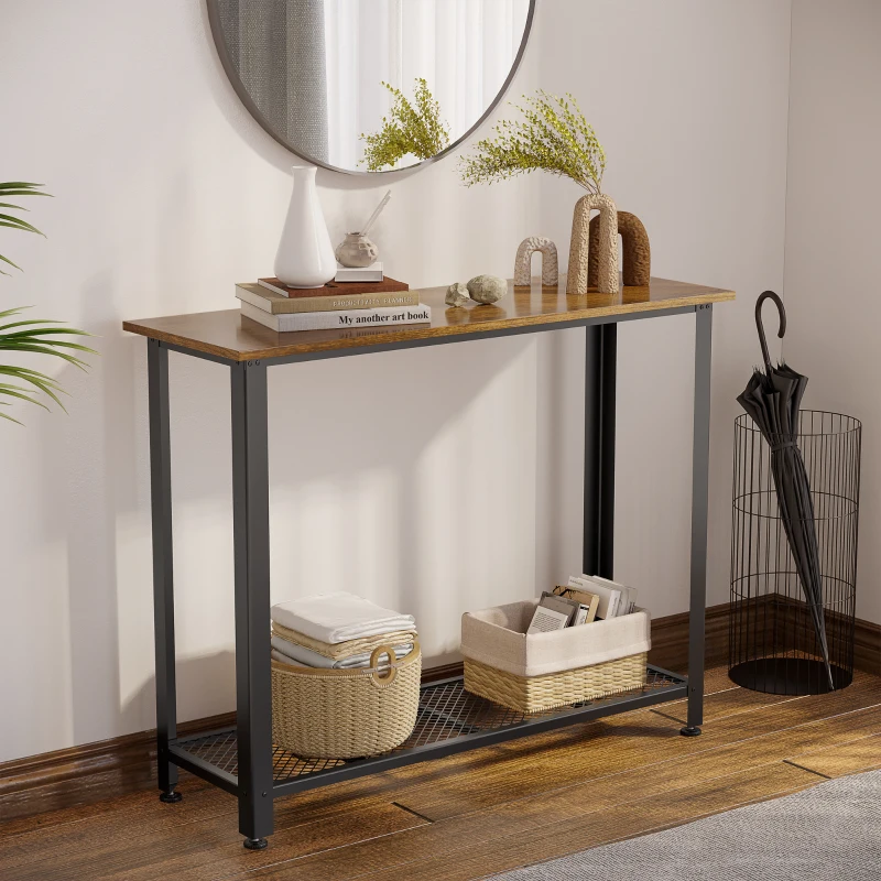 HOMCOM Industrial Console Table，Entryway Table w/Bottom Mesh Shelf Metal Frame Vintage Sofa Table for Hallway, Living Room, Rustic Brown