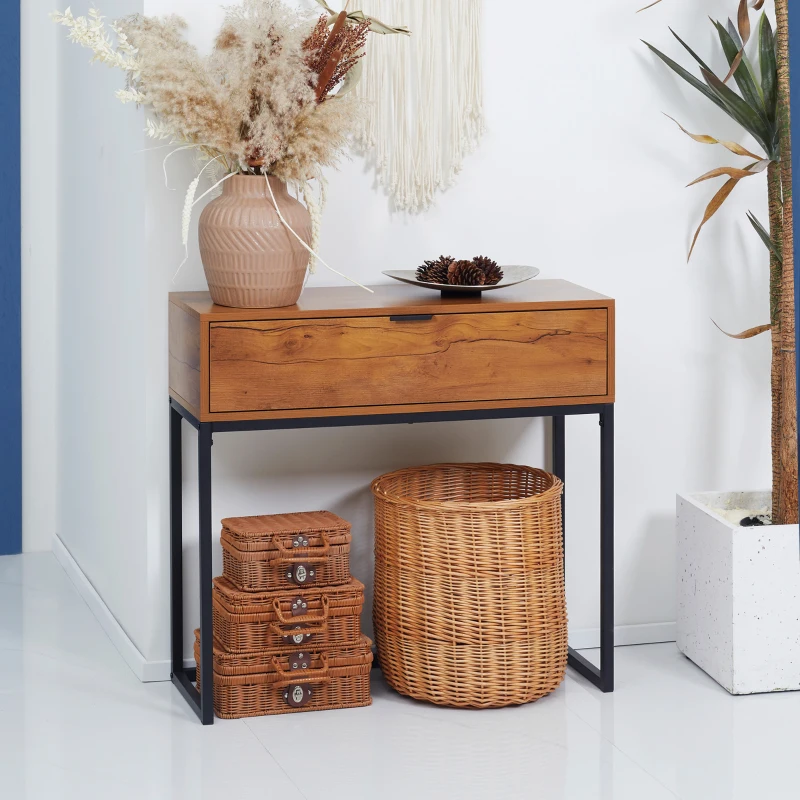 HOMCOM Consolle da Ingresso Minimal con Cassetto, in Legno e Acciaio, 80x30x76 cm, Color Legno e Nero
