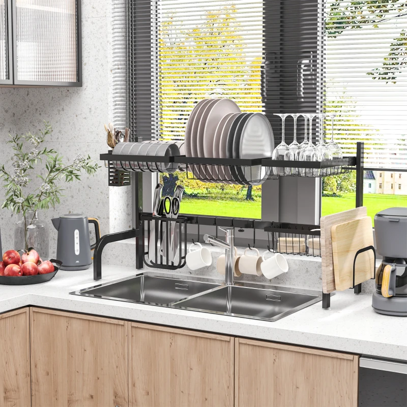 HOMCOM Égouttoir à vaisselle au-dessus de l'évier séchoir à vaisselle 2 niveaux, modulables en acier, 93 x 30 x 52 cm, noir