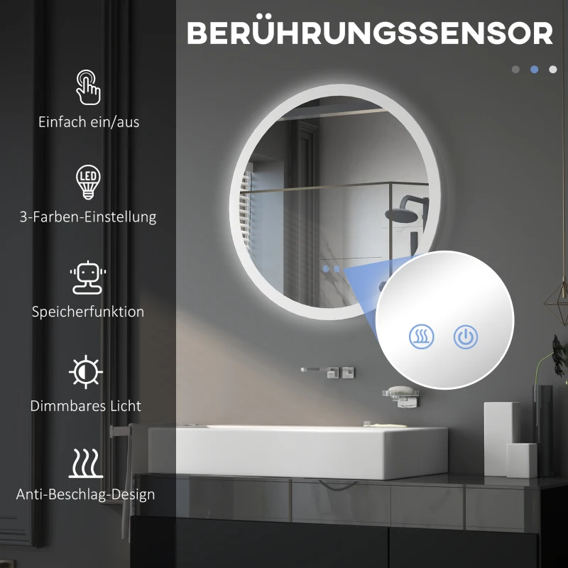 kleankin Badkamerspiegel met LED-verlichting, aanraaksensor en anti-condensfunctie