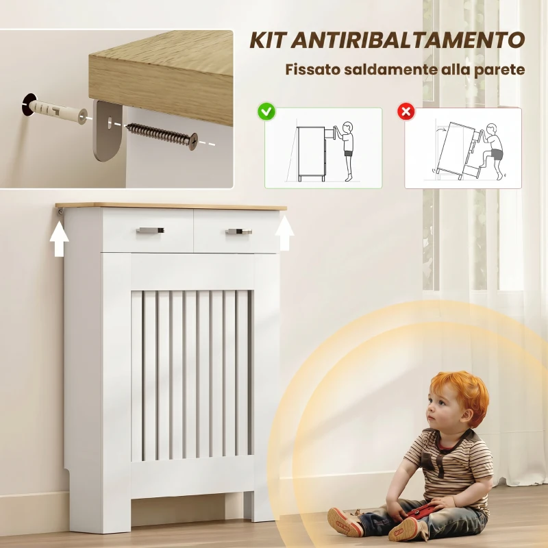 HOMCOM Copritermosifone a Doghe Antiribaltamento con Cassetto, in Legno, 78x19x97 cm, Bianco