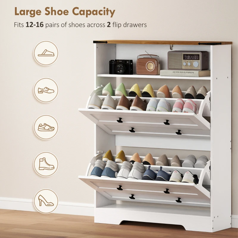 HOMCOM Shoe Cabinet with 2 Flip Drawers, Narrow Shoe Storage Cabinet, White