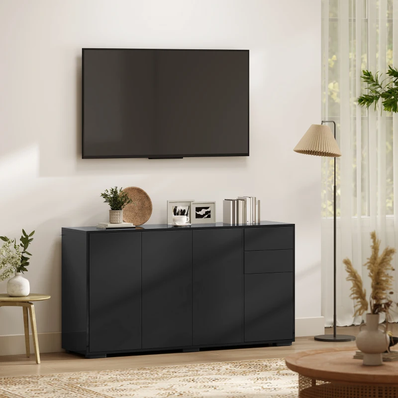 HOMCOM Buffet meuble de rangement 2 tiroirs coulissants 4 portes étagère réglable panneaux de particules 140 x 36 x 74 cm noir