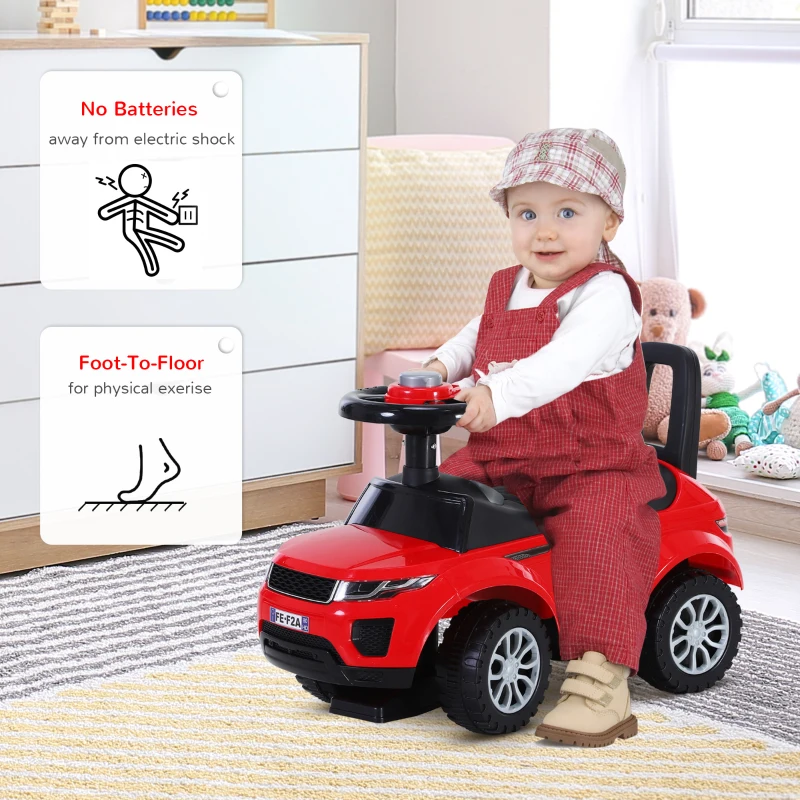 HOMCOM 3-in-1 Ride On Car Foot To Floor Slider Toddler w/ Horn Steering Wheel NO POWER Manual Under Seat Storage Secure Design for 1-3 Year Old Red