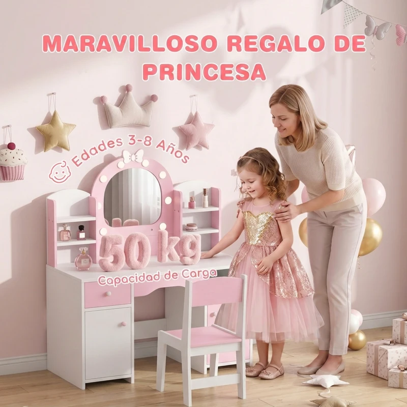 AIYAPLAY Tocador de Maquillaje Niña con Espejo de LED de 2 Colores Taburete 2 Armarios Cajón Estantes Compartimento Rosa