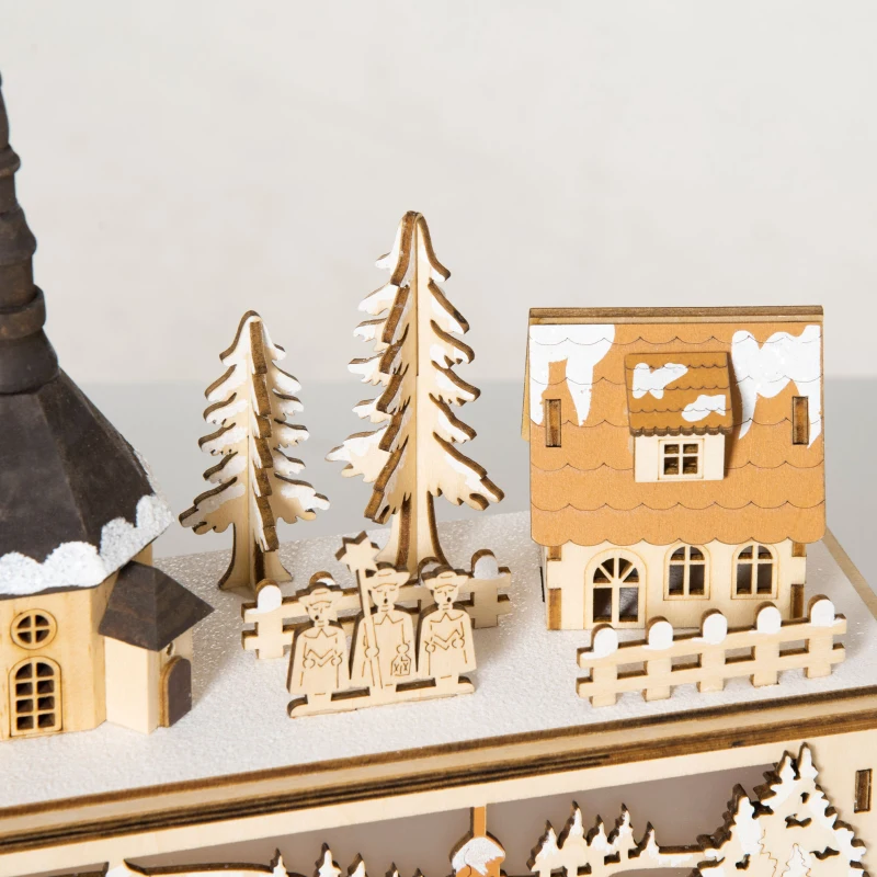 HOMCOM kerstdecoratie, besneeuwd kerstdorp, 10 LED's, warm wit licht, hout, 45 x 10 x 25 cm