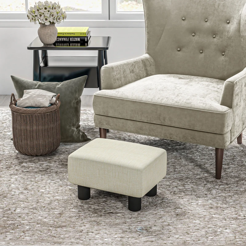 HOMCOM Reposapiés Salón de Tela de Lino Taburete Bajo con Asiento Acolchado Marco de Madera Patas Beige