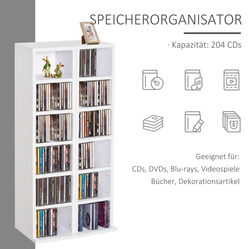 HOMCOM cd-kast cd-rek met 6 vakken staande kast tweedelige set met twee open opbergvakken spaanplaat wit 21 x 22,5 x 88,5 cm