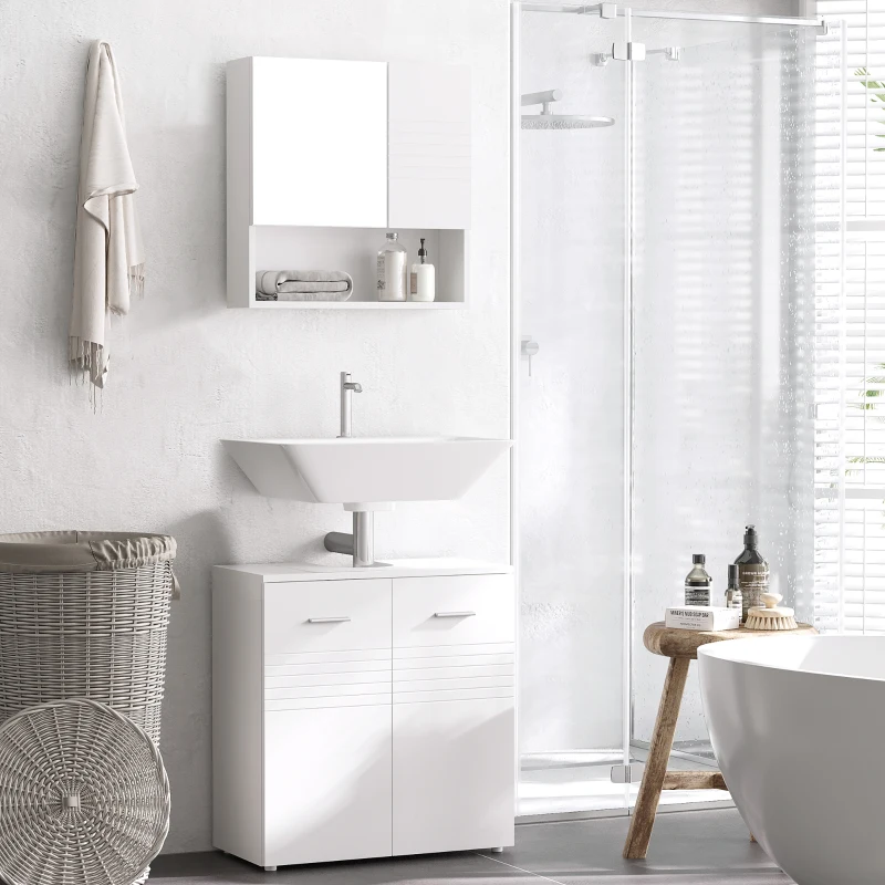 kleankin Mueble para Debajo del Lavabo Armario de Baño de Pared con 2 Puertas y Estante Interior Ajustable Estilo Moderno 60x30x62,5 cm Blanco