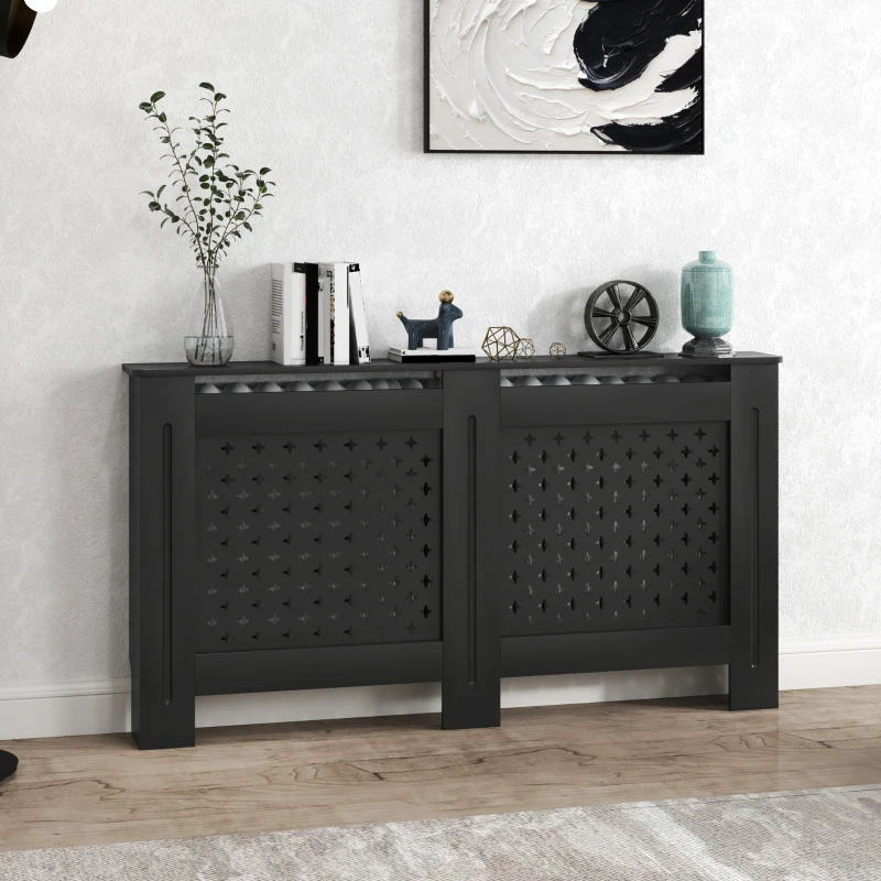 HOMCOM Masca pentru calorifere din lemn MDF, traforată cu model cruciulițe, cu raft și fixare pe perete, 152x19x82 cm, negru(m-10)