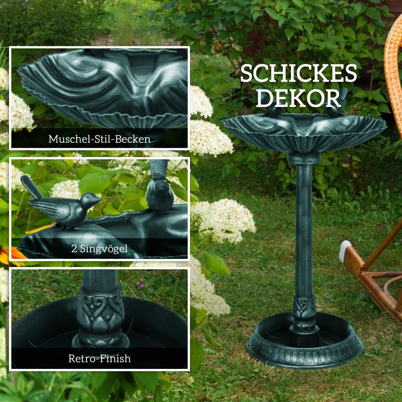 Outsunny Vogelbad met Beelden, 2 Bassins, Kunststof, Antieke Uitstraling, 49,5L x 38B x 81H cm, Donkergroen