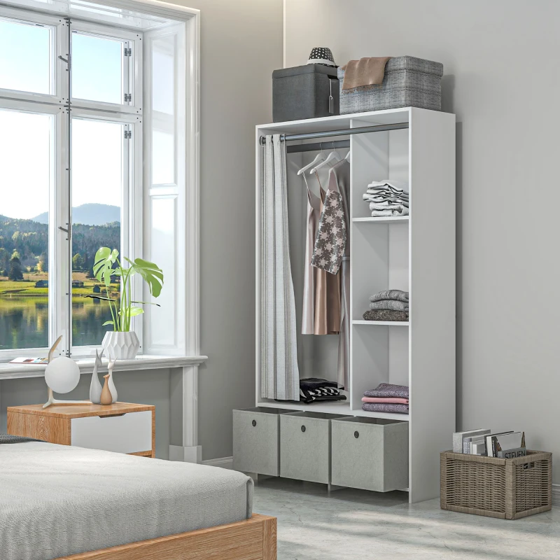 HOMCOM Dulap Modern cu Bară pentru Umerașe, 3 Sertare din Material Textil și 3 Rafturi, 105x48x160 cm, Alb și Gri