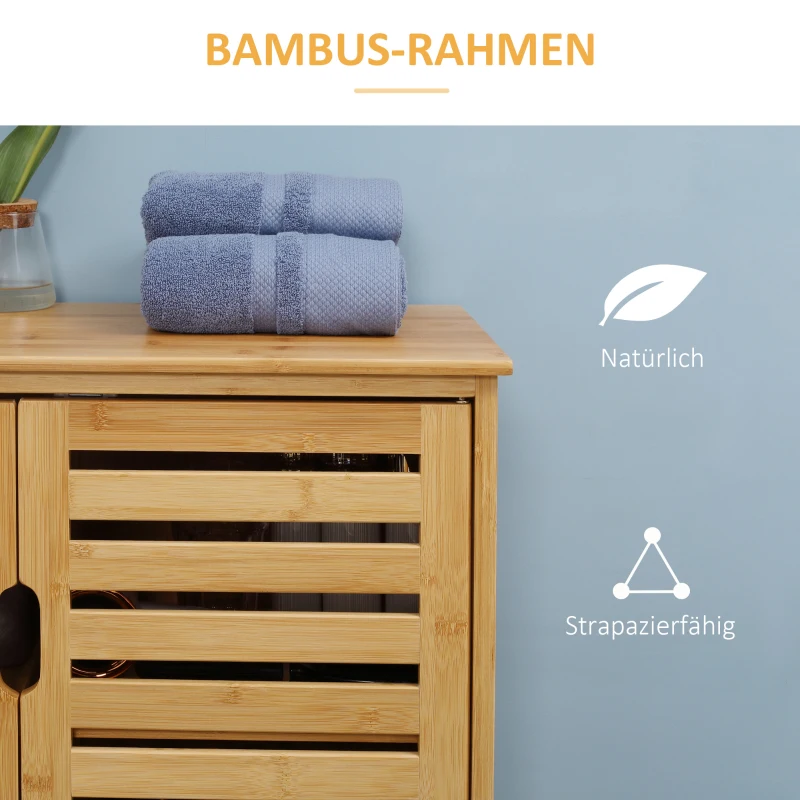 Kleankin Badkamerkast, Bamboekast met Lamellenontwerp voor Badkamer, Gang, Compacte Afmeting, Veel Opbergruimte, Natuurhout