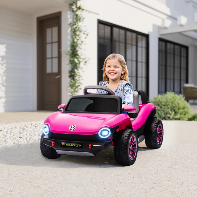 AIYAPLAY Carro Elétrico para Crianças Volkswagen E-Buggy Bateria 12V com Controlo Remoto 2,4 G Faróis LED Música USB 98x56,5x47 cm Rosa