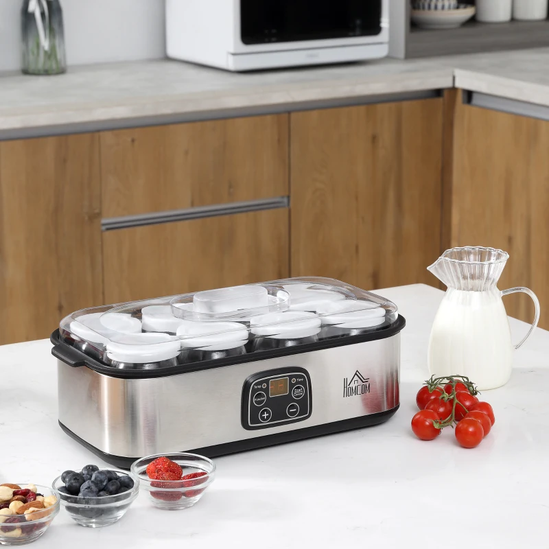 HOMCOM yoghurtmaker yoghurtmachine 8 yoghurtpotten instelbaar PC PP zilver(m-2)
