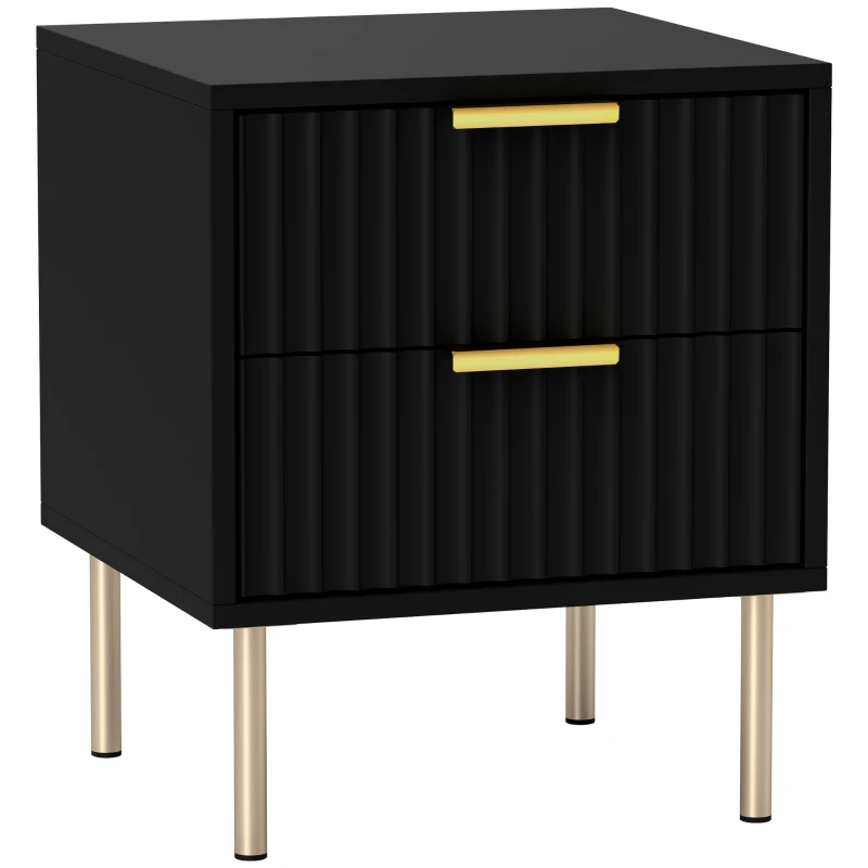 HOMCOM Table de chevet, table de nuit cannelée avec 2 tiroirs et pieds en acier, pour chambre à coucher, salon, noir