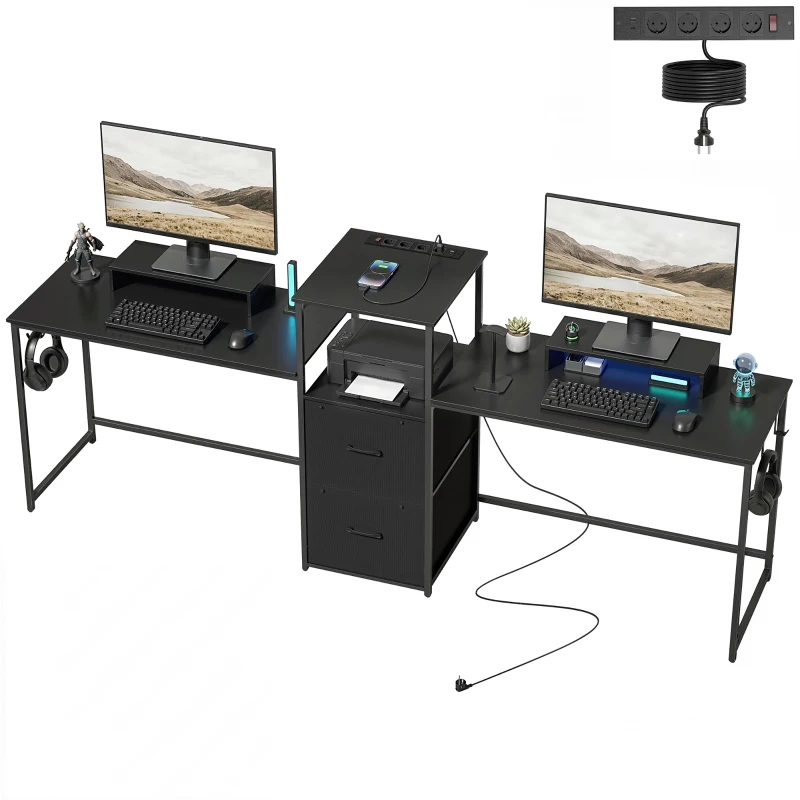 HOMCOM Mesa Gaming Dupla de 244 cm com Estação de Carga Portos USB Suportes para Monitor Gavetas de Tecido Preto