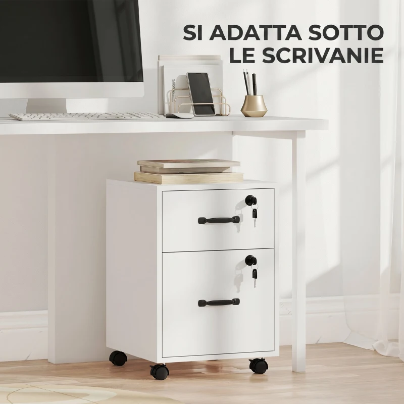 HOMCOM Schedario da Ufficio con 2 Cassetti, Ruote a Freno, Cassettiera Scrivania per Lettera/Formato A4, 40x40x54.1 cm, Bianco