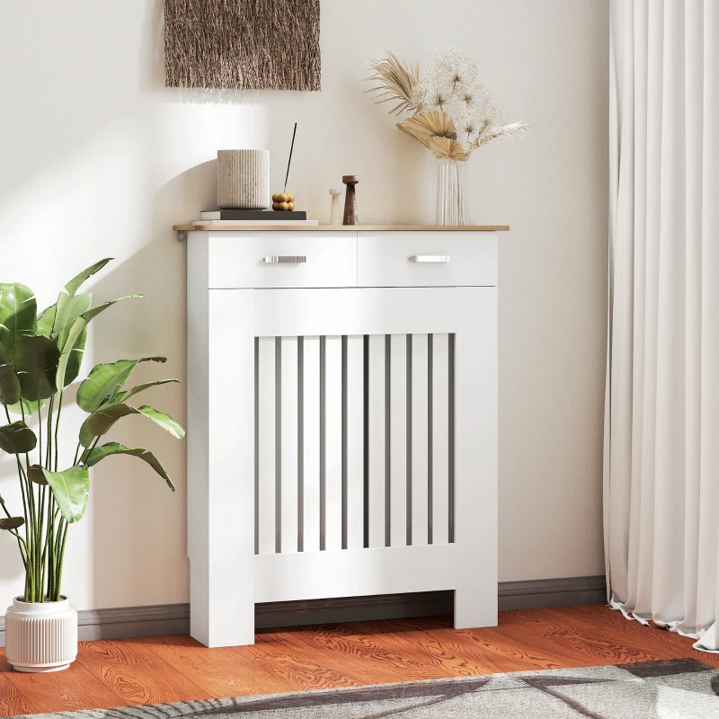 HOMCOM Copritermosifone a Doghe Antiribaltamento con Cassetto, in Legno, 78x19x97 cm, Bianco