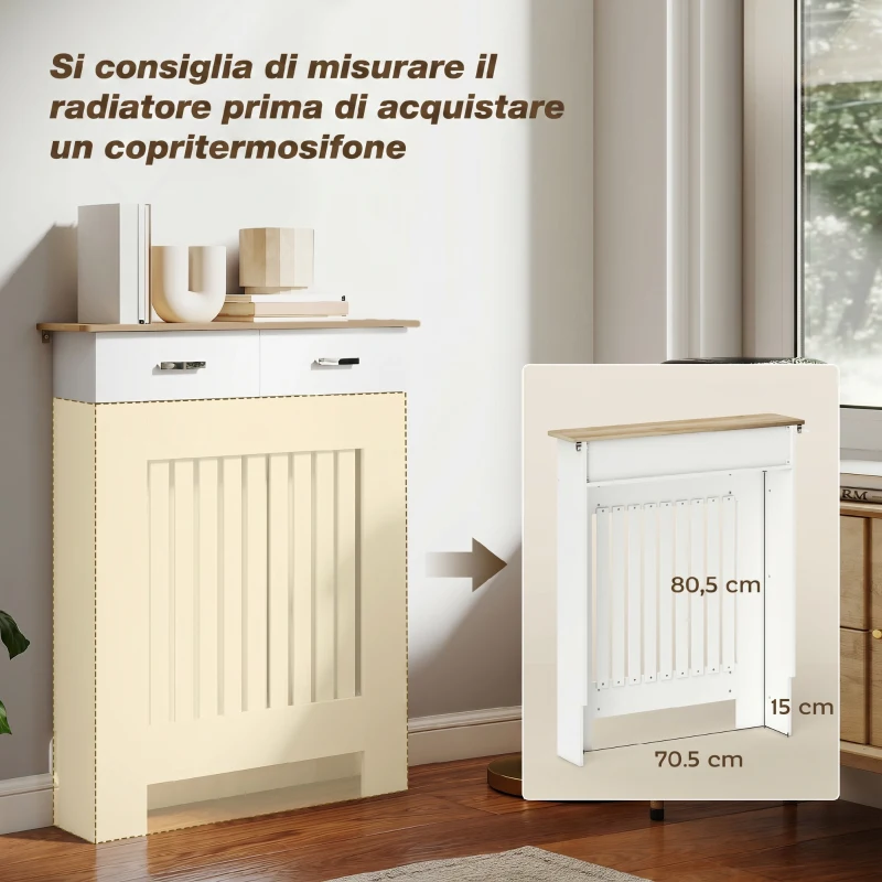 HOMCOM Copritermosifone a Doghe Antiribaltamento con Cassetto, in Legno, 78x19x97 cm, Bianco