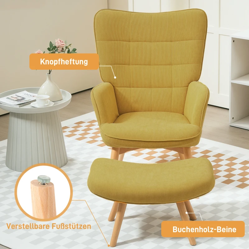 HOMCOM Accentstoel met Voetenbank, Relaxstoel in Corduroy Look, Armleunstoel met Houten Poten, voor Woonkamer, Oranje