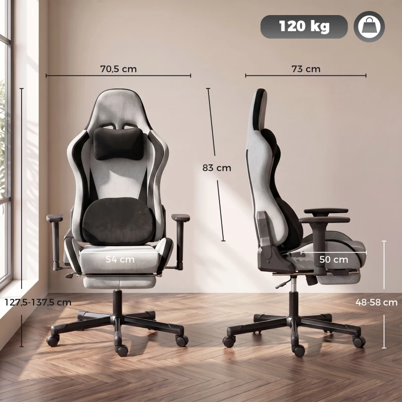 HOMCOM Chaise Gaming Ergonomique avec Massage Chauffant, Repose-pieds, Tissu, Gris