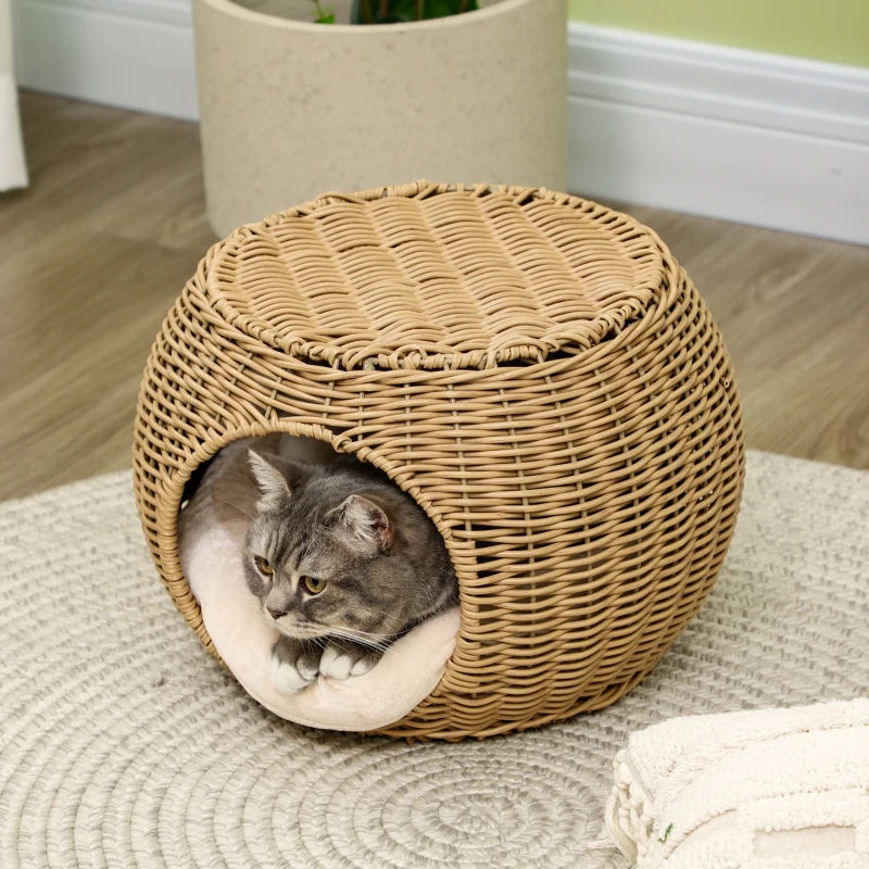 PawHut Kattenhuis kattenmand kattenhol 2 verdiepingen van gevlochten kunsthars-rattanimitatie met 1 zacht kussen Ø 40 x 30 cm Lichtbruin