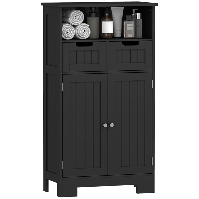 kleankin Meuble Bas de Salle de Bain Multi-rangements Grande Niche 2 tiroirs Placard Double Porte avec étagère Noir