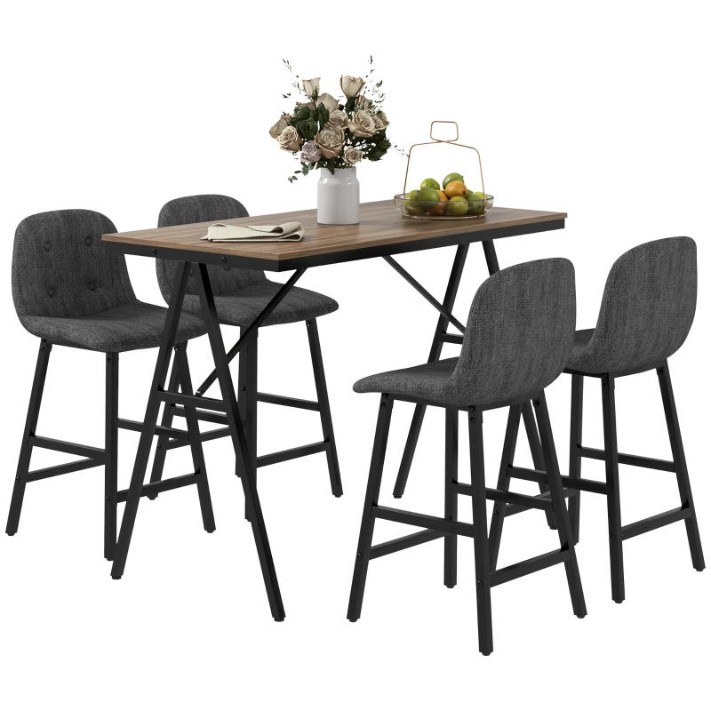 HOMCOM 5-delige bargarnituur, tafel en 4 krukken, knopen, dikke vulling, linnenlook, donkergrijs(m-10)
