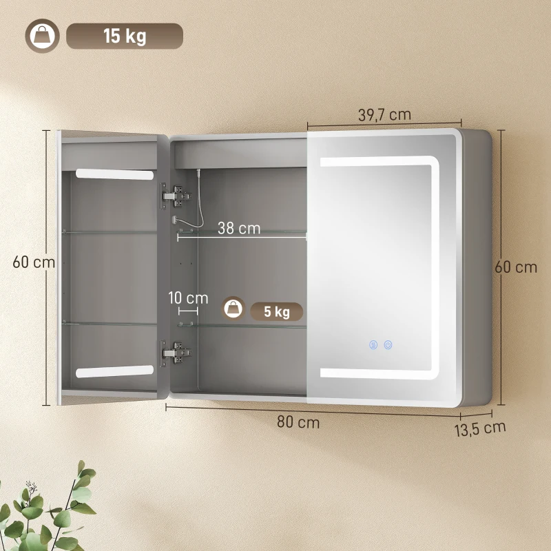 HOMCOM Spiegelkast voor de badkamer met LED-verlichting, 60 x 80 cm badkamerkast met anti-condens, 3-voudig dimbaar