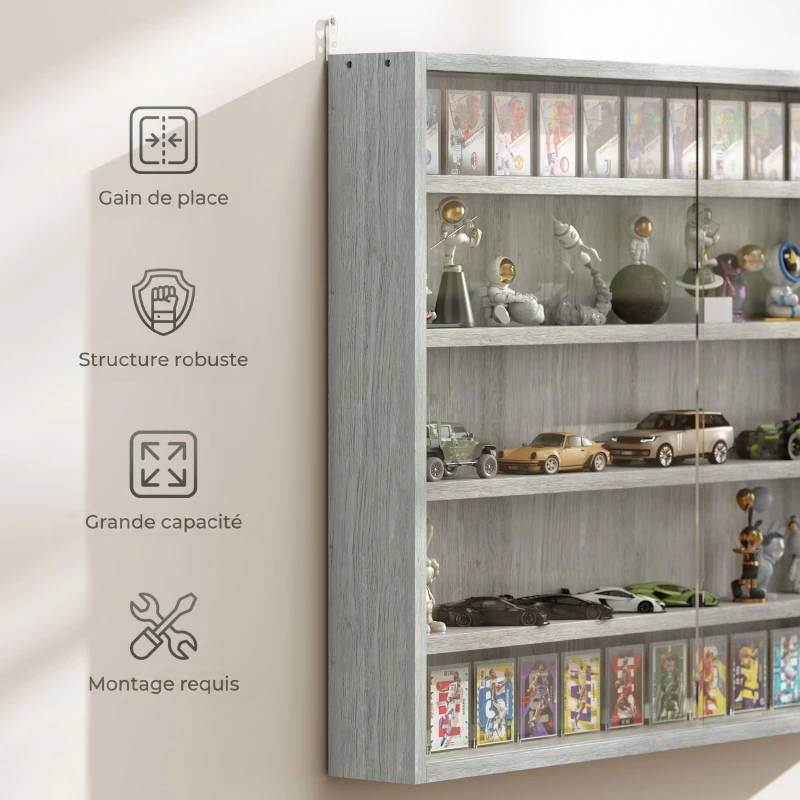 HOMCOM Vitrine murale pour objets de collection 4 étagère réglables en hauteur et 2 portes coulissantes 80 x 9,5 x 60 cm gris