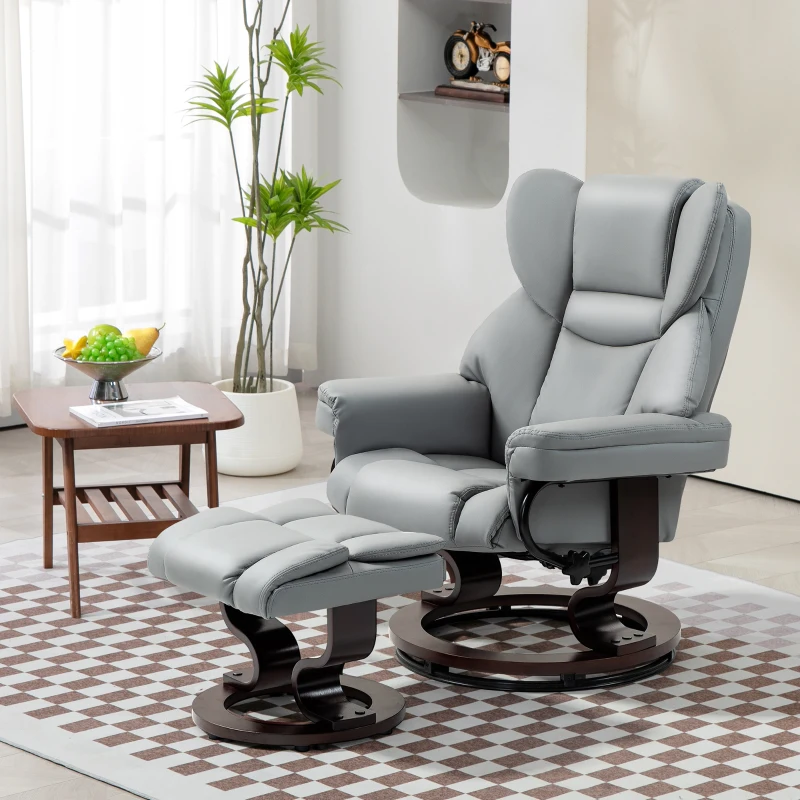 HOMCOM 360° Swivel Recliner Chair with Footstool, PU Leather Manual Recliner Armchair with Footstool, Solid Wood Base, Upholstered Reclining Chair for Living Room, Bedroom, Office, Light Grey