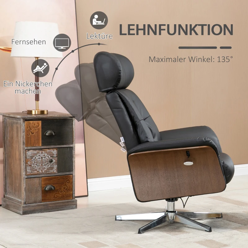 HOMCOM Fauteuil met voetenbank, 360° draaibaar, ligfunctie, leesstoel, zwart, 80 x 84 x 108 cm(m-4)