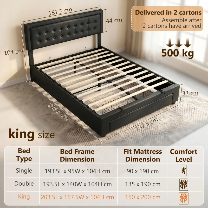 HOMCOM PU Leather King Size Ottoman Bed Frame, with Front Drawer - Black