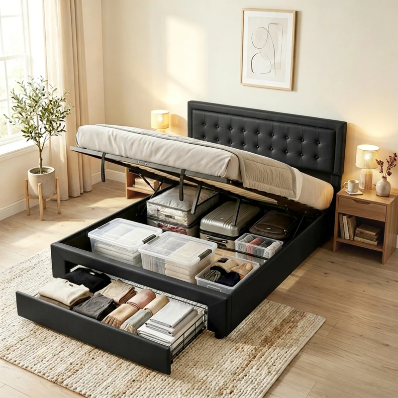 HOMCOM PU Leather King Size Ottoman Bed Frame, with Front Drawer - Black