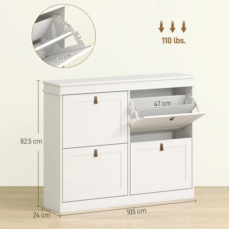 HOMCOM Meuble à chaussures 20 paires, armoire à chaussures, 4 tiroirs rabattables, étagères réglables, 105x24x82,5cm, blanc(m-3)