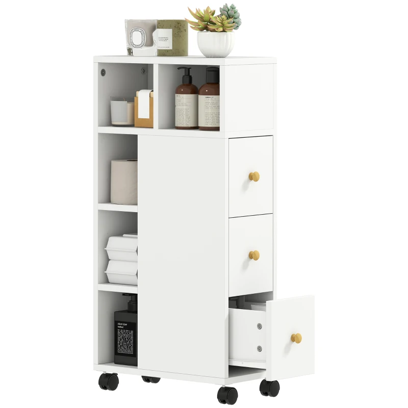 HOMCOM Smalle badkamerkast, badkast met 4 wielen, 3 lades, 5 open vakken, 20x40x80cm, Wit