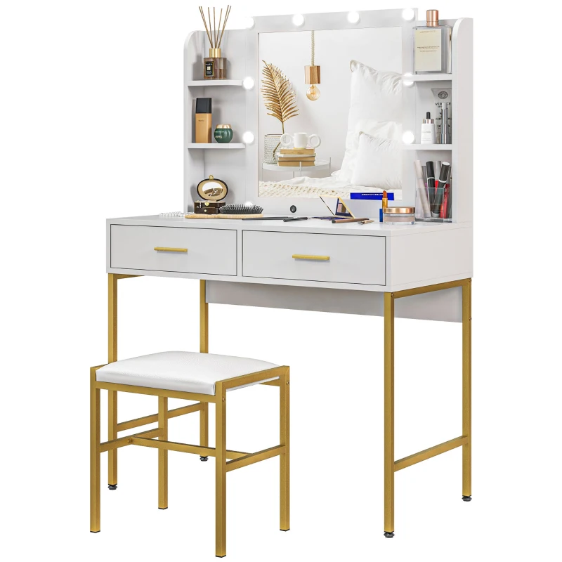 HOMCOM Dressing Table Set, with Storage and Stool - White