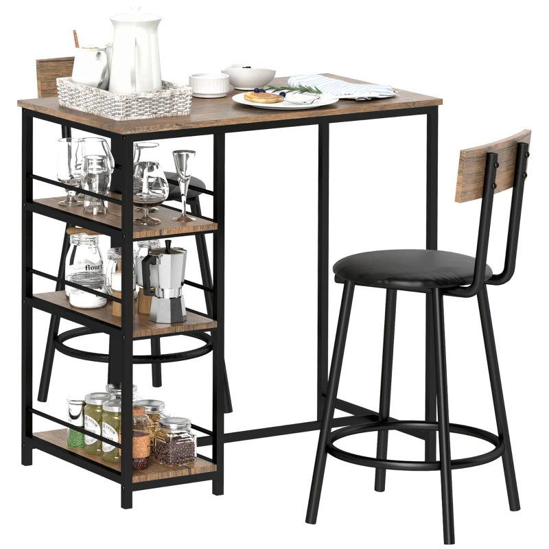 HOMCOM 3-teiliges Ess-Set mit Bartisch und 2 Stühlen, Kleines Küchenset mit seitlichen Regalen, MDF, Metall, Schwarz