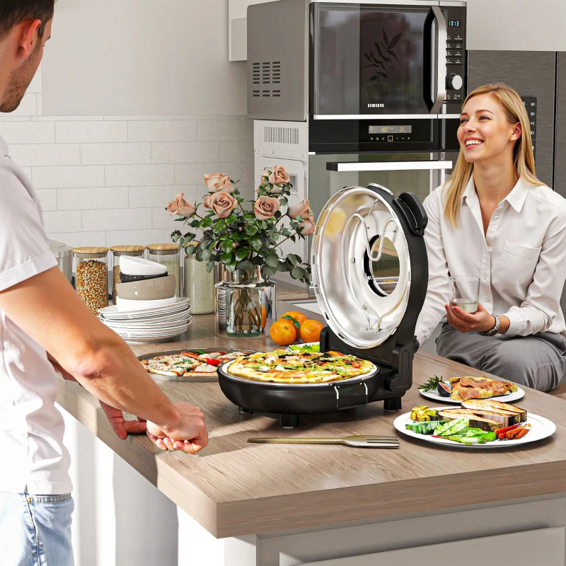 HOMCOM Elektrische Pizzaoven 430 ℃, 1200 Watt Pizzabakker met 30 cm Steenplaat, Timer, Zichtvenster, Roestvrij staal Zwart(m-2)