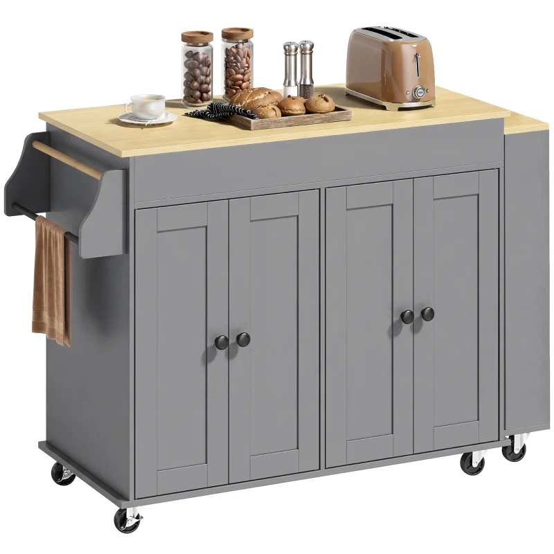 HOMCOM Ilha de Cozinha com Rodas Tampo Extensível Carrinho de Cozinha com 4 Portas Prateleiras Ajustáveis Estante Lateral Aberta Cinza