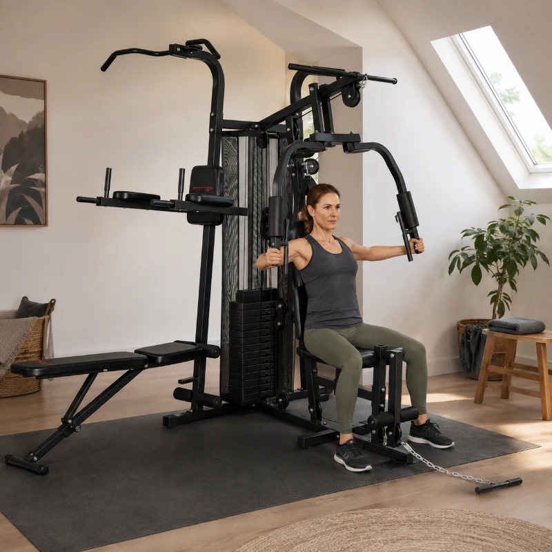 SPORTNOW Multifunktions-Trainingsstation, Heimfitness-Maschine für über 10 Übungen, Gewichte, anpassbare Fitnessbank, Schwarz