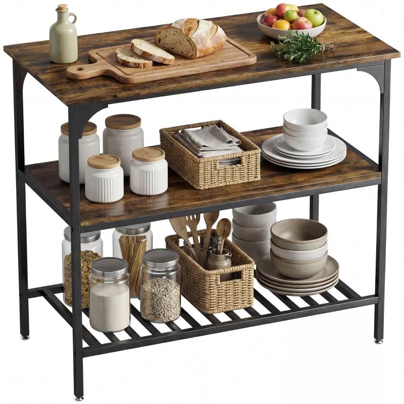HOMCOM Bakkersrek, 3-niveau keukenrek met stalen frame, Rustiek-Bruin+Zwart
