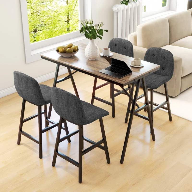 HOMCOM 5-delige bargarnituur, tafel en 4 krukken, knopen, dikke vulling, linnenlook, donkergrijs(m-7)