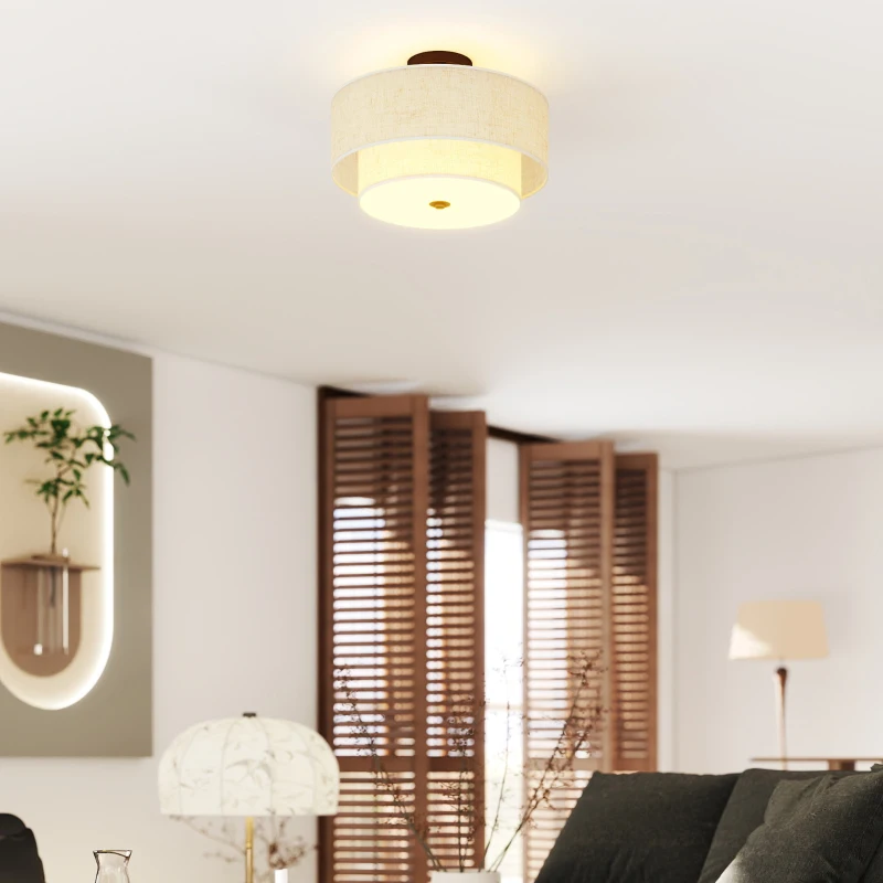 HOMCOM Plafondlamp, hanglamp met dubbele linnen lampenkappen, Crème-wit
