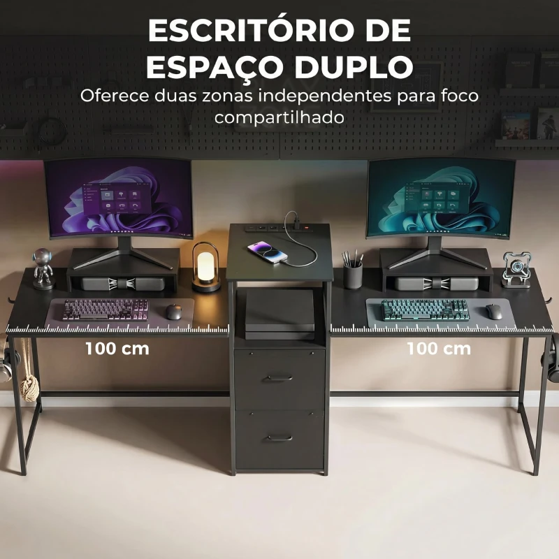 HOMCOM Mesa Gaming Dupla de 244 cm com Estação de Carga Portos USB Suportes para Monitor Gavetas de Tecido Preto