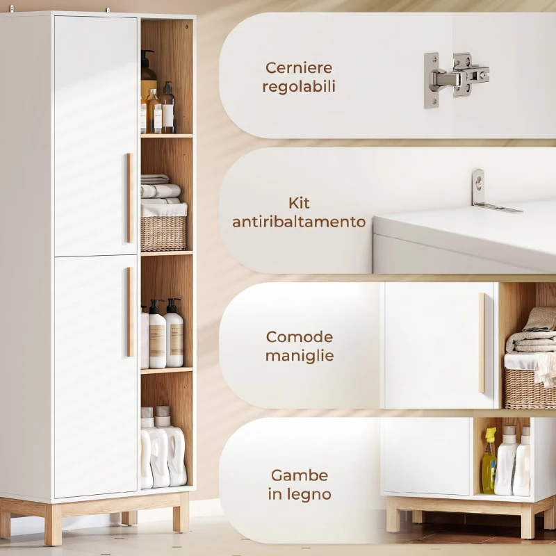 HOMCOM Mobile Bagno Alto, Mobiletto Bagno Salvaspazio con 2 Ante e 4 Ripiani Aperti, Ripiani Regolabili, per Lavanderia, 62.5x35x176 cm, Bianco